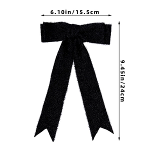 Detailed dimensions of a large black wool bow hair clip showing 15.5cm width and 24cm length