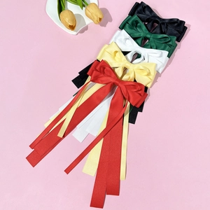 Elegant satin ribbon bow hair clips set in five vibrant colors with long streamers