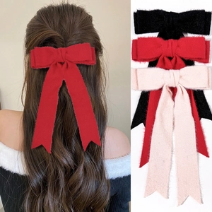 Vintage Woolen Bow Hair Clip With Long Ribbon For Women Elegant Autumn Winter Hairpin Black Pink Red Hair Accessory