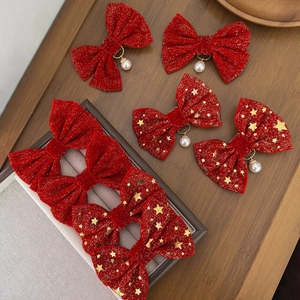 Fermagli Per Capelli A Fiocco In Velluto Rosso Stelle Dorate Ciondoli Con Künstliche Perle Sintetiche Elegante Dolce Per Natale