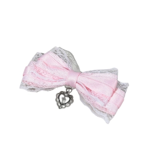 Pince à cheveux nœud Lolita rose avec dentelle et pendentif croix cœur en argent
