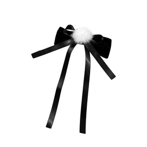 Fermaglio per capelli con pompon bianco, fiocco in nastro nero e nastri lunghi