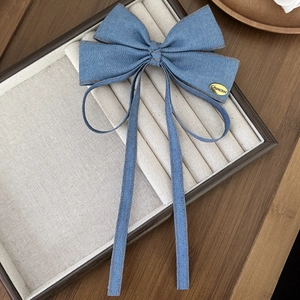 Close-up of blue denim ribbon hair clip with Chanceux golden metal label and orange stitching