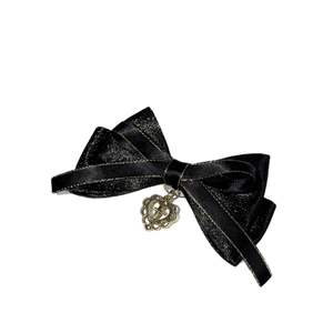 Gothic black satin ribbon hair clip with gold glitter and metallic heart cross pendant