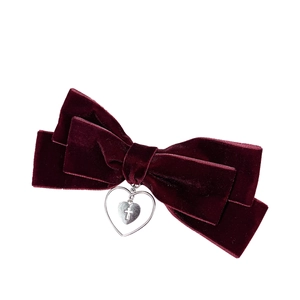 Barrette à cheveux vintage en velours bordeaux avec pendentif croix en cœur argenté