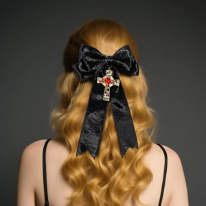 Barrette à cheveux nœud en satin noir avec pendentif croix en strass coloré sur cheveux blonds