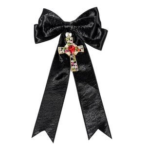 Pince à cheveux élégante en satin noir avec pendentif croix en cristaux multicolores