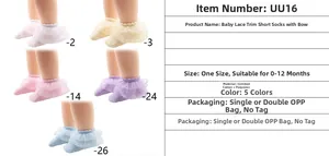 Detail showing various colors of infant lace trim socks in soft combed cotton fabric