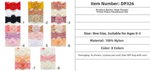 Detail view of baby nylon headband sets with soft bows and chiffon flowers in eight colors