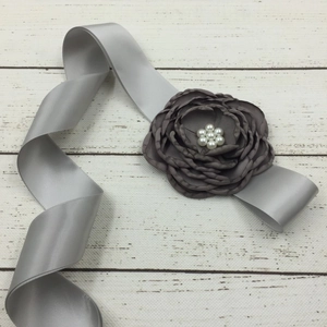 Elegant grey satin ribbon belt with handmade floral design and pearl center for kids dresses