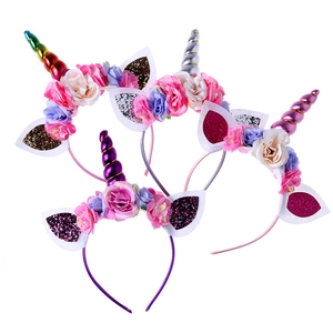 Children's Unicorn Flower Headband Glitter Cat Ears Hairband Halloween Party Cosplay Headpiece For Girls Hair Accessories