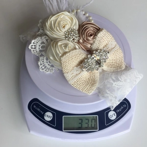 Détail du bandeau en dentelle avec roses en satin et strass, affichant un poids de 33g