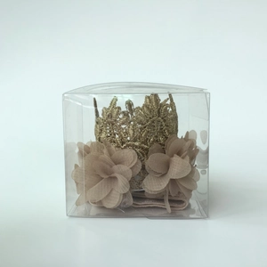 Lace crown and chiffon flower baby headband showcased in clear retail gift packaging