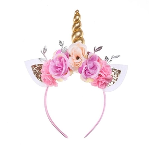 Cerchietto Unicorno con Fiori per Bambini Corno Dorato Orecchie di Paillettes Fascia per Capelli Halloween Festa di Compleanno