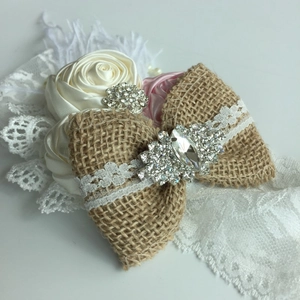 Bandeau bébé en dentelle avec nœud en toile de jute et strass pour accessoires enfants de luxe