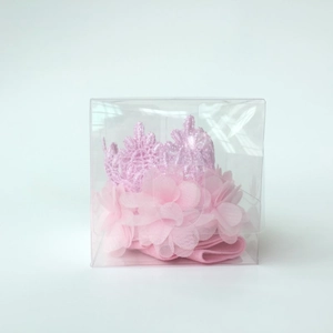Pink lace crown baby headband with chiffon mesh flowers in clear gift box