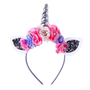 Halloween unicorn headband for kids with silver horn and colorful fabric roses flowers