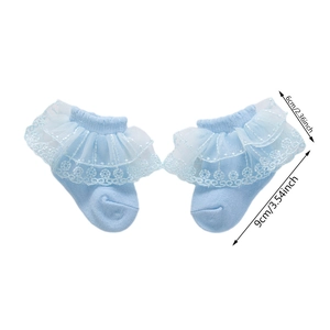 Detail of light blue baby socks with delicate white lace trim and measurement markings