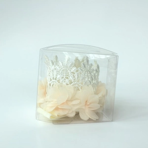 Lace crown headband for babies with pink chiffon flowers in a clear display box