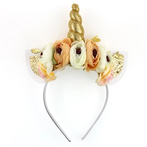 Cerchietto unicorno con corno dorato, fiori pastello e orecchie glitterate bimba