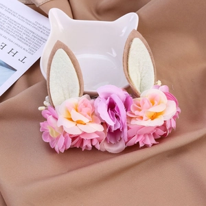 Bandeau de Noël oreilles de renne avec fleurs roses et nylon souple pour bébés et enfants