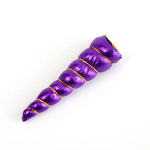 Close-up of a purple glitter unicorn horn accessory with golden spiral thread detail