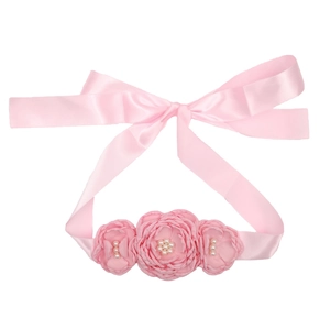 Ceinture en satin rose avec fleurs faites main et perles pour robes et accessoires cheveux