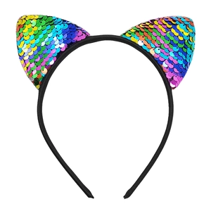 Rainbow sequin cat ear headband for kids featuring shiny flip scales on a black slim band