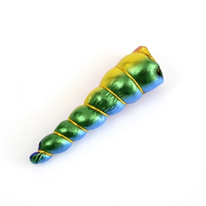 Detail of glitter gradient unicorn horn with golden spiral thread for DIY party headbands