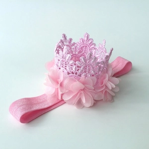 Pink lace crown baby headband with chiffon floral layers and soft elastic strap for infants