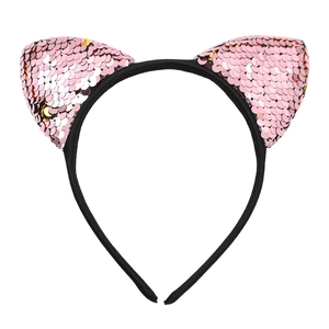 Detailed close-up of cat ear headband with reversible pink sequins and a thin black band