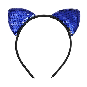 Detailed view of shimmering blue sequins on cartoon cat ears headband for kids