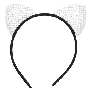 Detailed view of cat ear headband featuring white sequins on a flexible black frame