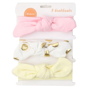 Lot de trois bandeaux bébé en coton avec nœuds en rose, blanc à pois dorés et jaune pâle