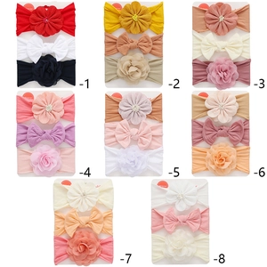 3-pack set of baby nylon headbands with cute chiffon flowers and bows in multiple colors