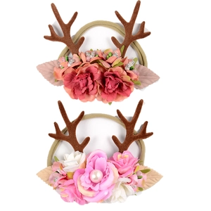 Bandeau Bébé Cerf Noël Fleurs en Satin Oreilles de Lapin Élastique en Nylon Serre-tête pour Enfants Accessoires de Coiffure Fête