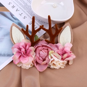 Bandeau de Noël en bois de renne avec fleurs en soie et oreilles pour bébé filles