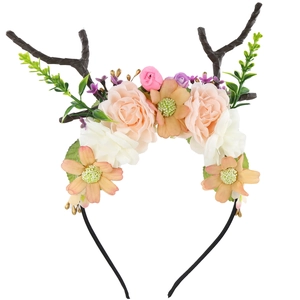 Cerchietto Natalizio con Corna di Renna e Fiori per Bambine Stile Mori Floreale Copricapo per Feste in Maschera Decorazione