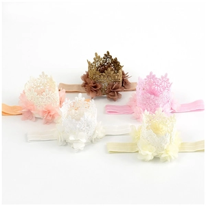 5-piece set of baby lace crown headbands with elastic bands and fabric flowers in five colors