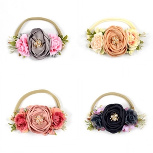 Lot de bandeaux bébé en nylon avec fleurs en tissu faites main et perles brillantes