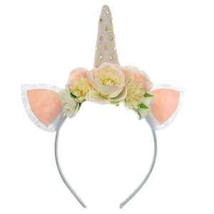 Cerchietto unicorno con corno glitterato, orecchie di coniglio e fiori colorati