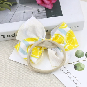 Pink elastic nylon headband with fabric lemon print bow for baby girls summer hair accessory