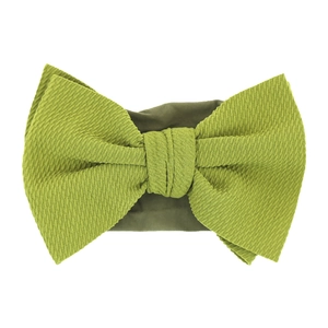 Detailed view of olive green bow headband with soft textured waffle knit fabric for babies