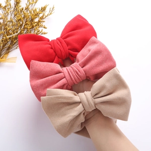 Lot de 3 bandeaux souples à nœud pour bébés en rouge, rose et beige, tissu extensible