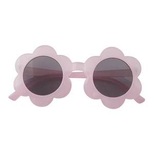 Close-up of pink sunflower shaped frames on toddler fashion sunglasses with dark round lenses