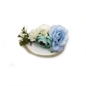 Floral baby headband with artificial blue and cream silk flowers and elastic nylon band