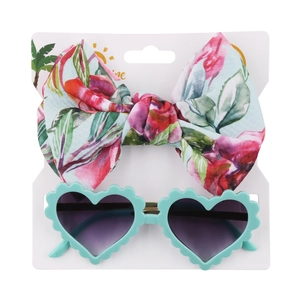 Kids heart sunglasses and tropical floral bow headband set on summer themed card