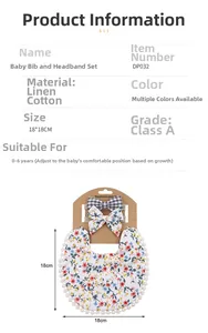 Détail du bavoir bébé à pompons avec bandeaux à nœuds assortis en coton et lin doux