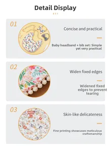 Détail d'un bavoir bébé floral en coton avec pompons et bandeaux assortis de l'ensemble