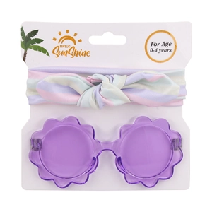 Dettaglio degli occhiali da sole a fiore viola e fascia a righe per bambini 0-4 anni